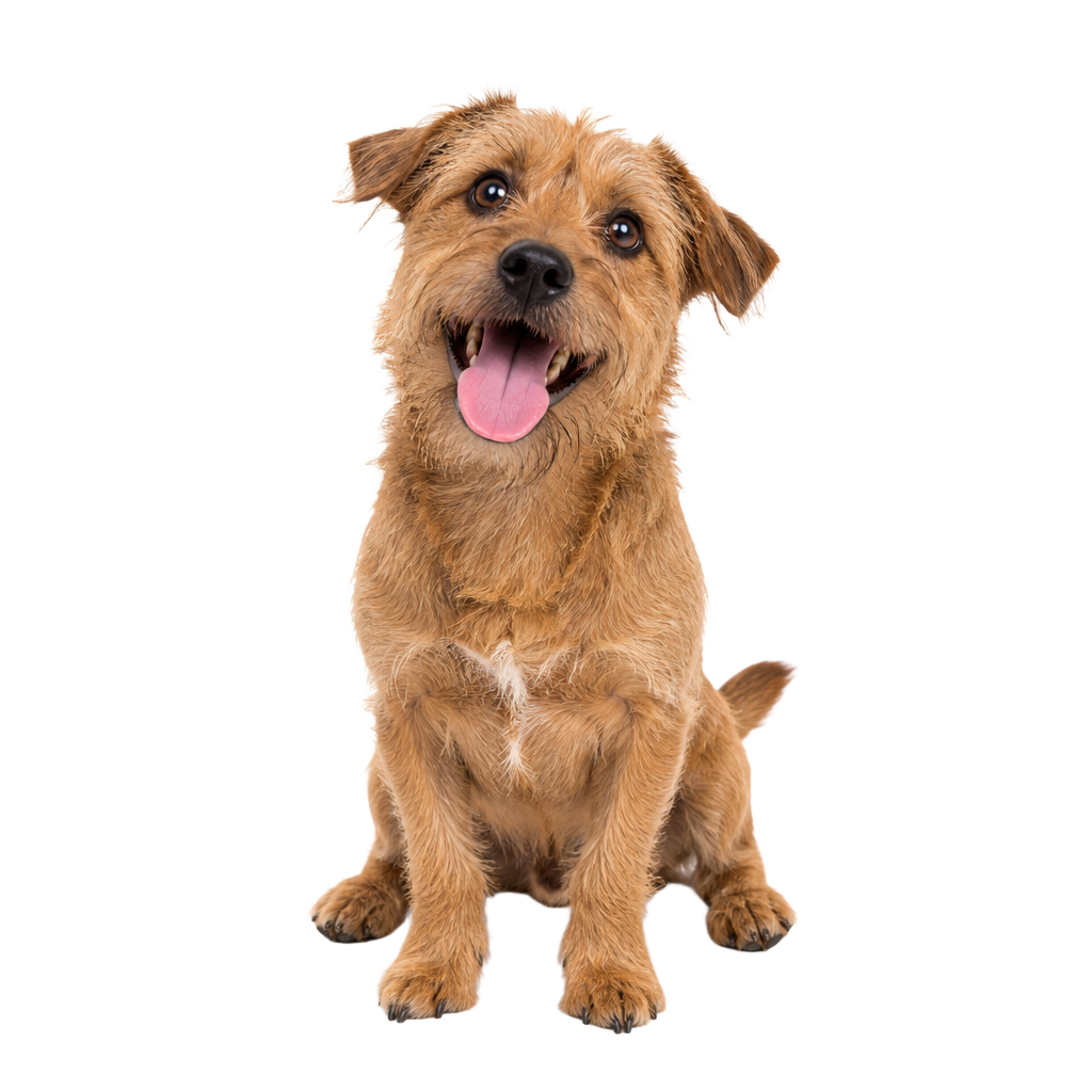 A scruffy happy dog with its tongue out